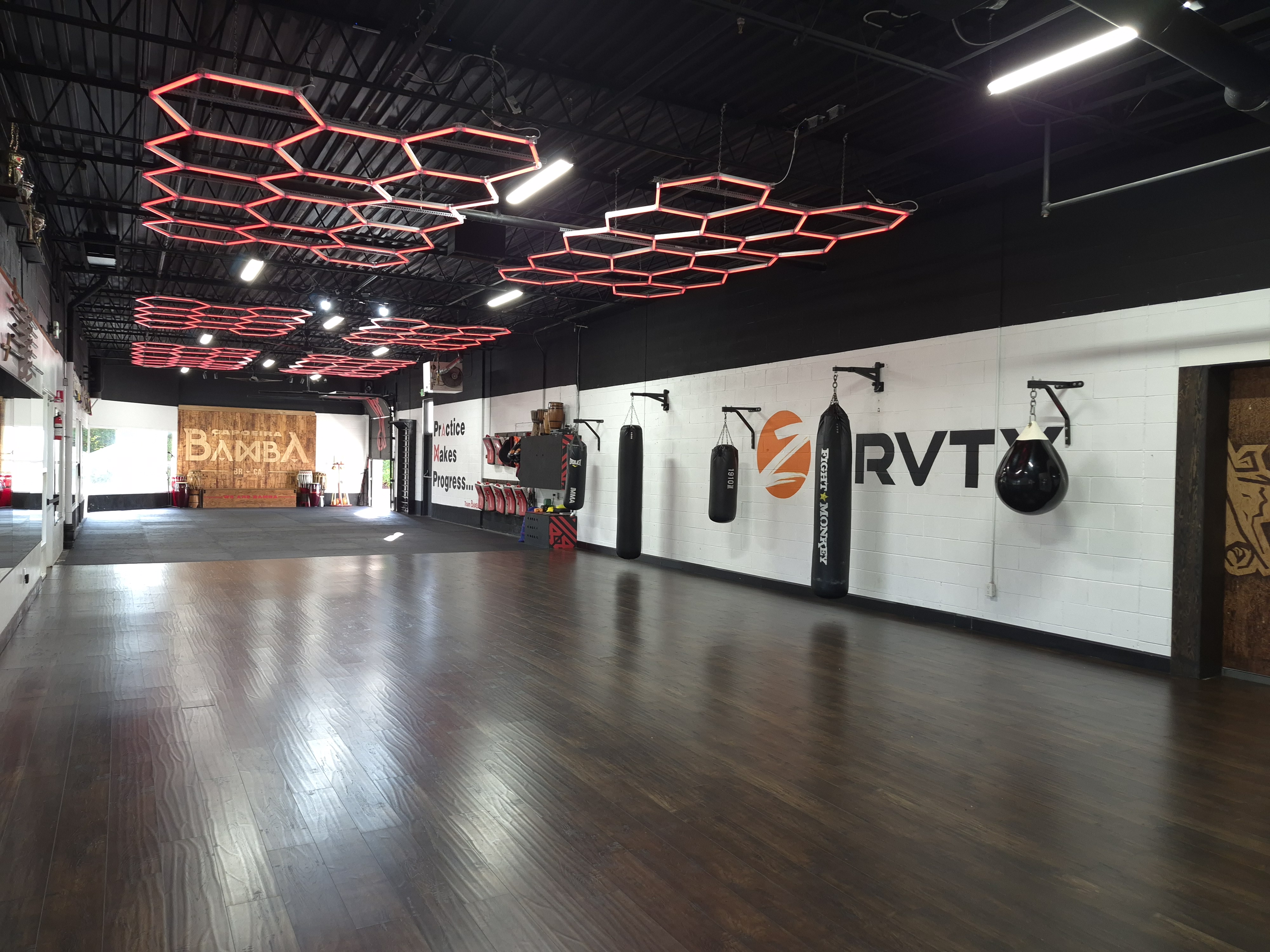 The renovated hardwood training floor at Zero Gravity Martial Arts in Mississauga